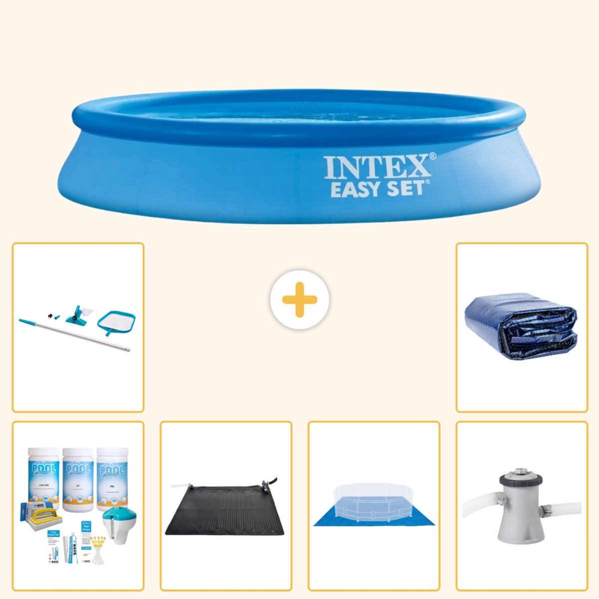 Intex Rond Opblaasbaar Easy Set Zwembad - 305 x 61 cm - Blauw - Inclusief Onderhoudspakket - Solar Mat - Grondzeil - Zwembadfilterpomp - Schoonmaakset - Solarzeil - 7-delig