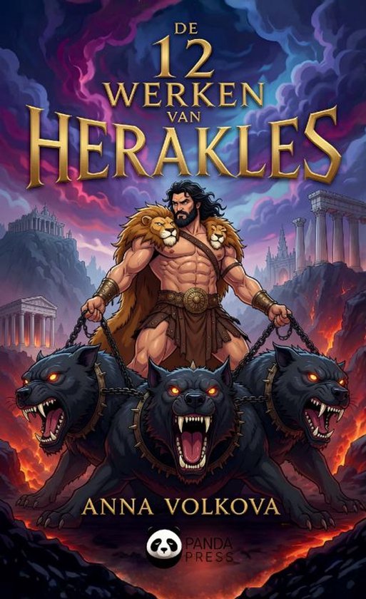 Herakles, met leeuwenvel, leidt drie hellehonden aan kettingen, met tempels op de achtergrond. Titel: De 12 Werken van Herakles.