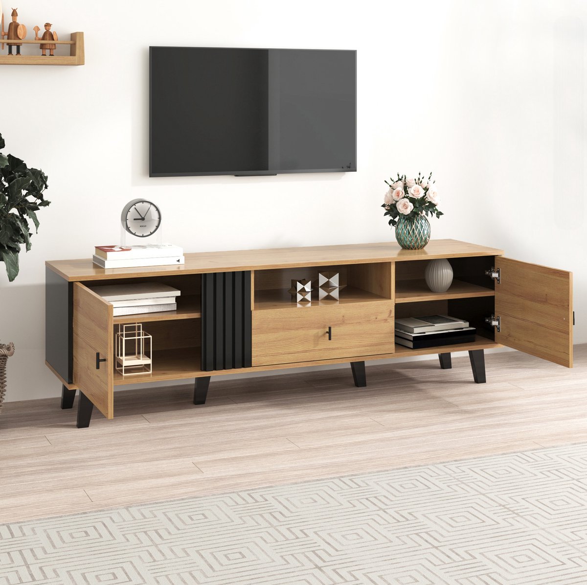 COVREO TV meubel 170 x 40 x 50,5 cm - met 2 deuren, open vak en lade, zwart en houtkleur