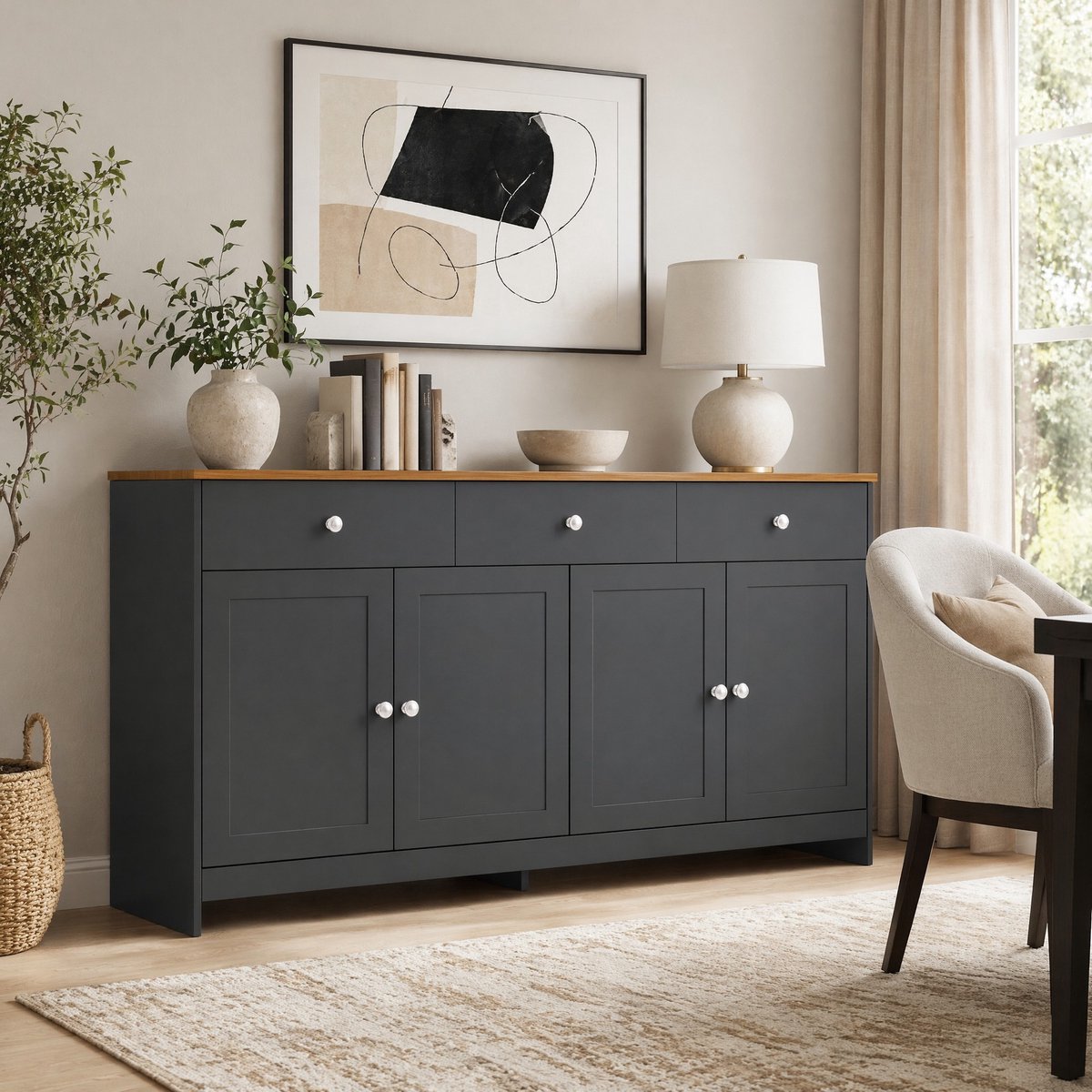 COVREO Buffetkast 160 x 37 x 75 cm - 4 deuren, 3 lades, verstelbare planken, grijszwart
