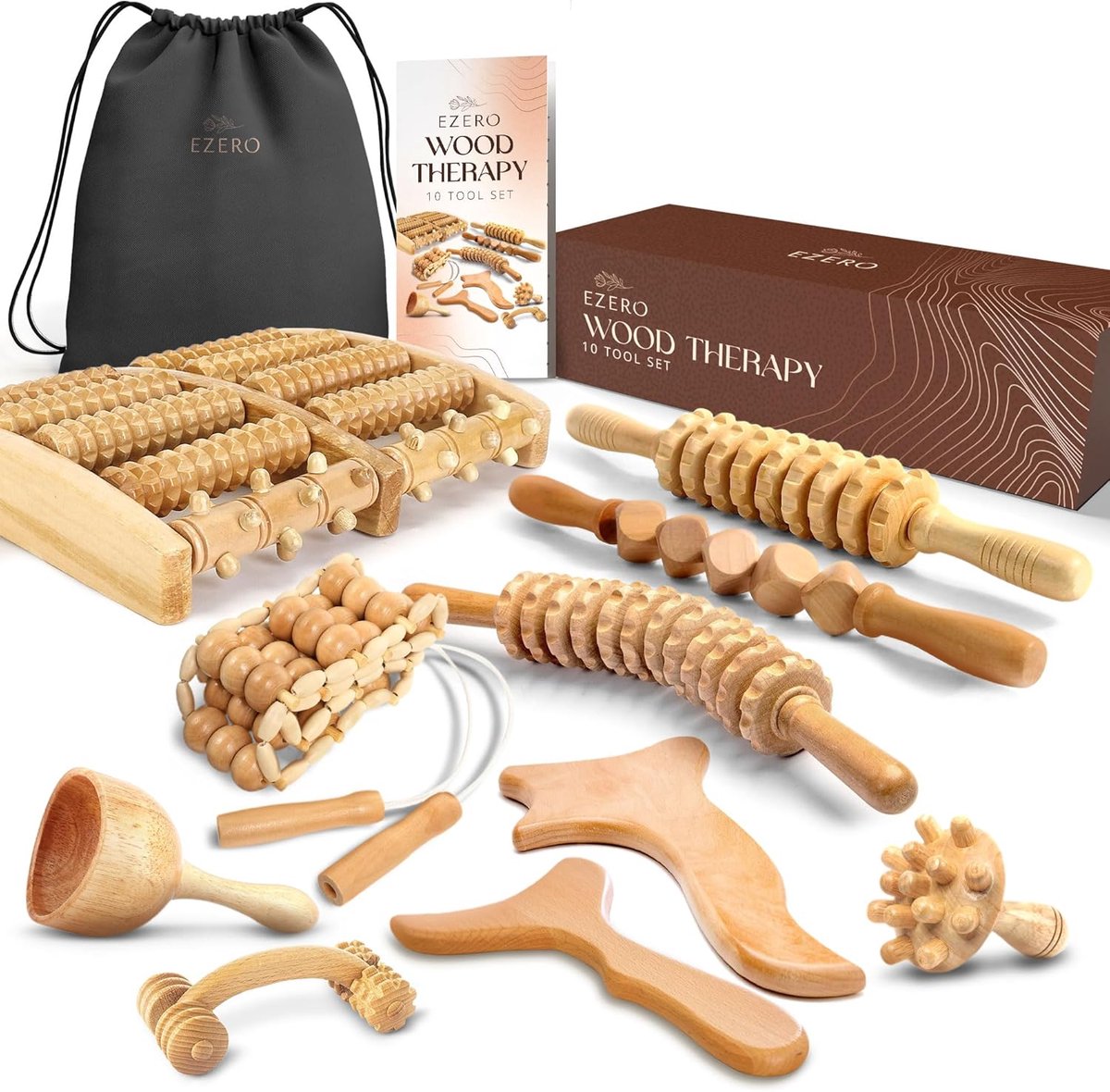 Thijox - Ezero Houttherapieset 10-delig - Anti-Cellulite Massage Set voor Lichaam, Benen & Billen - Spiermassage Roller en Houttherapie Tools tegen Ce