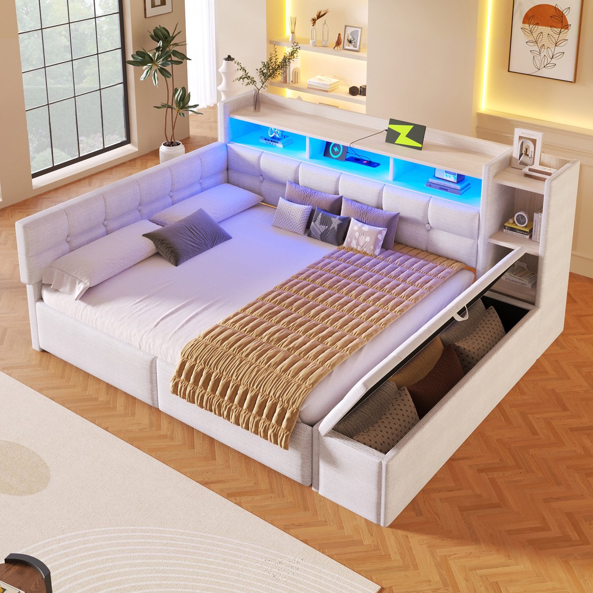 TRUVIX Daybed Slaapbank 140x190 cm - Wit - LED-Verlichting, USB-C, USB, Stopcontact, Lades - Fluweel, MDF