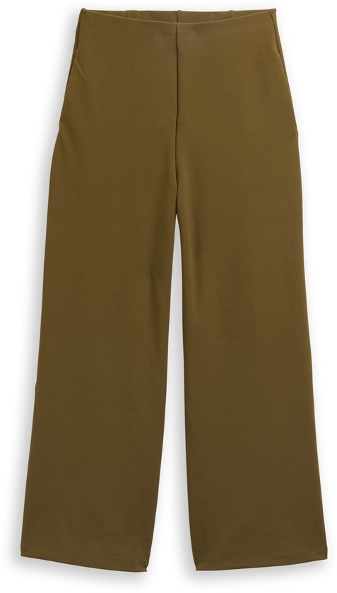 Olijfgroene culotte met wijde pijpen, hoge taille en steekzakken, plat gelegd.