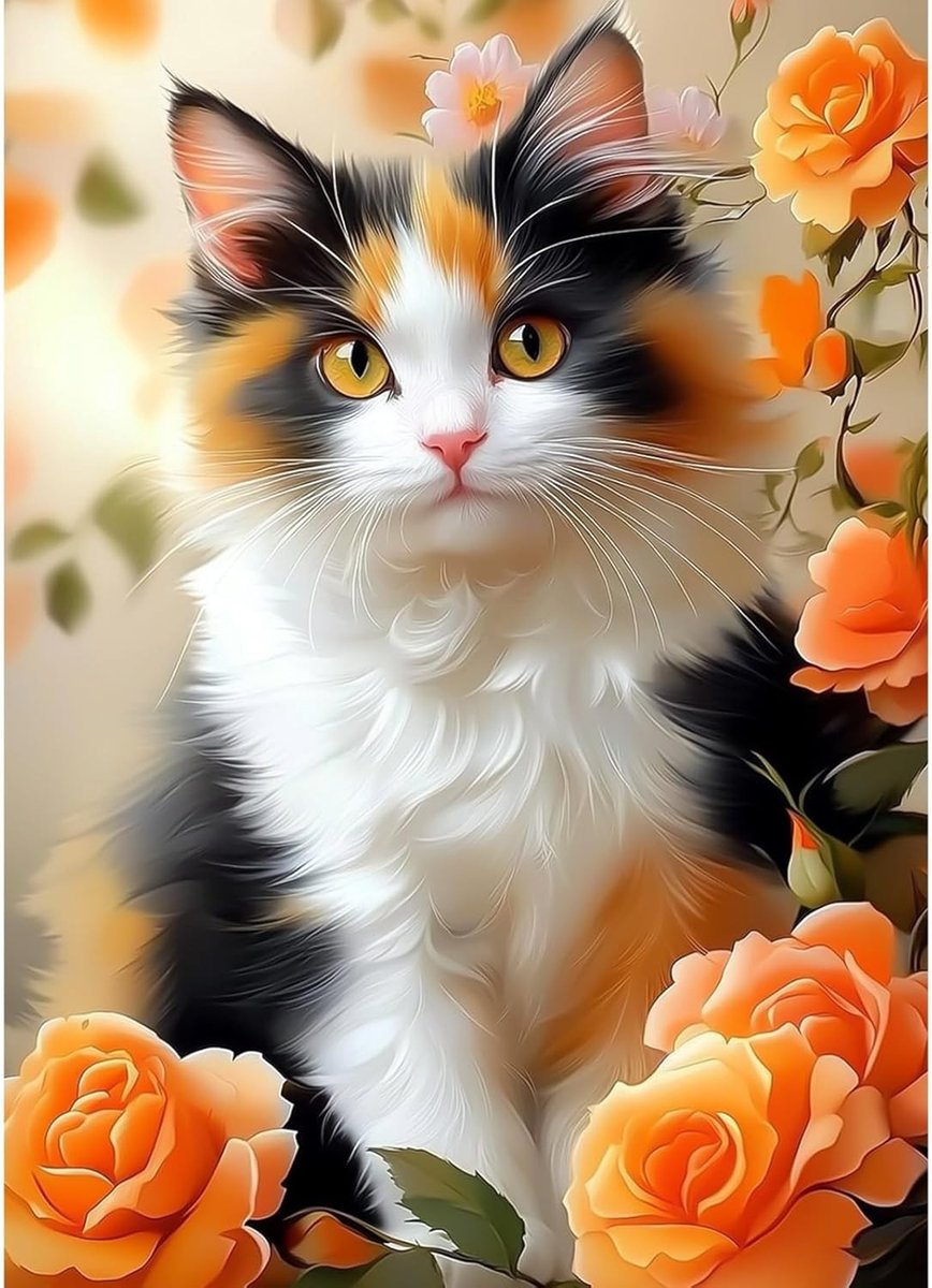 DIY Diamant Schilderen Kit voor Kattenliefhebbers - Rozen en Calico Kat - 30 x 40 cm Creatief Project met Strass Steentjes