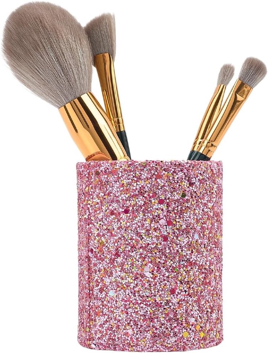 Glanzende Roze Multifunctionele Penhouder van PU Leer voor Luxe Schrijfwaren en Bureau Organizer met Glitter Effect