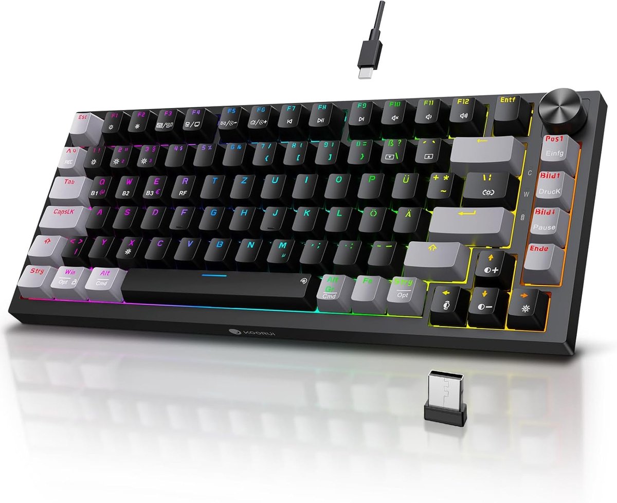 Thijox - Mechanisch Gaming Toetsenbord Draadloos/Bekabeld met 26 RGB Verlichting, Oplaadbare 4000 mAh Batterij, 82 Toetsen, Duitse QWERTZ-lay-out voor