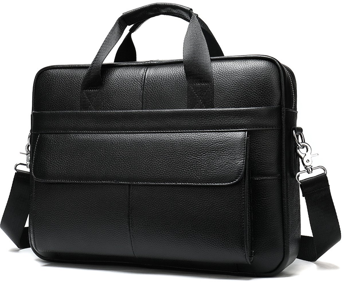 Zwarte leren heren briefcase werk- en laptoptas met crossbody schouderriem – Zakelijke aktetas met gewatteerd laptopcompartiment voor kantoor en zakenreizen - 14inch
