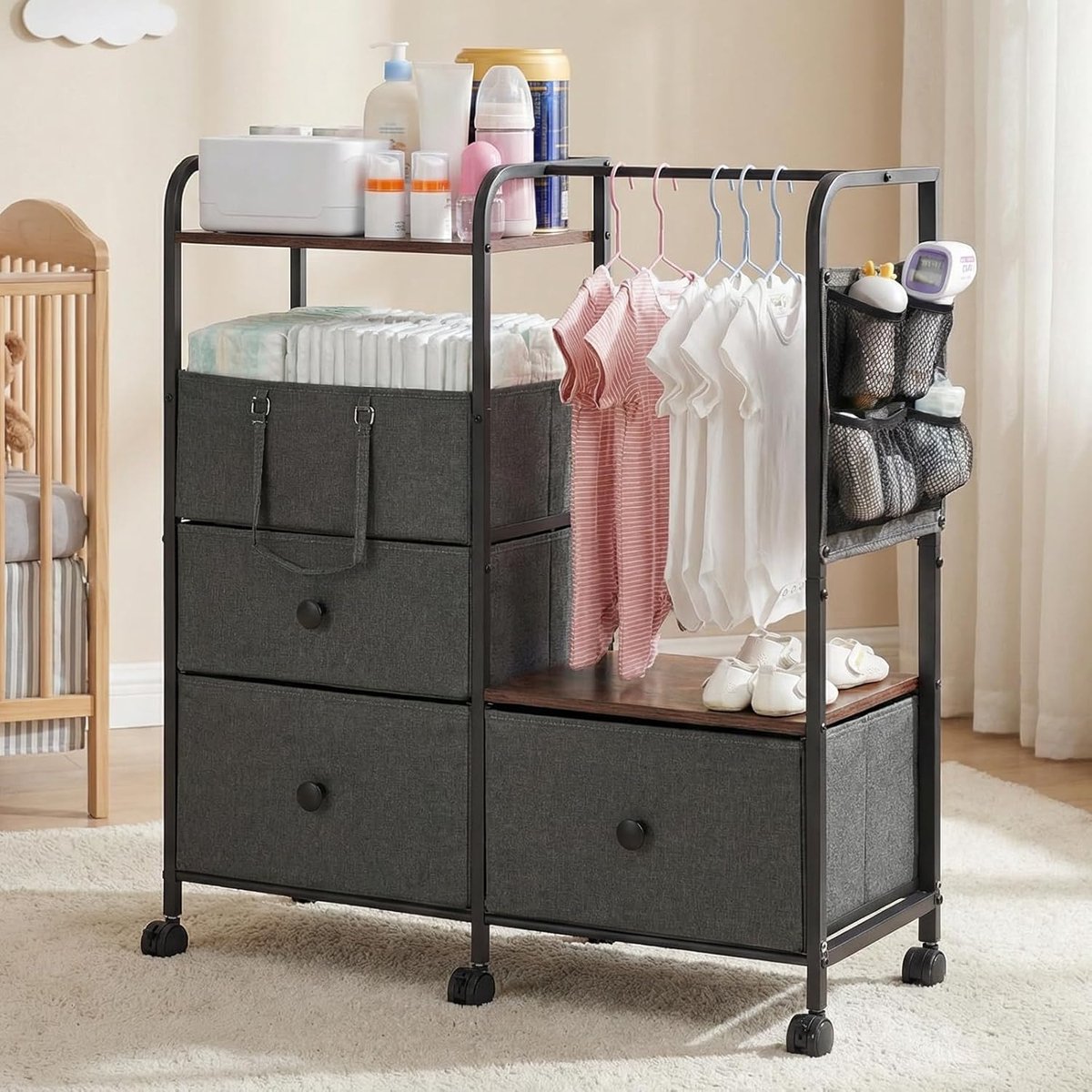 Thijox - Luiertas Organizer op Wielen, Grote 4-Laags Baby Opslag Trolley met Afneembare Laden, Dubbele Kolom Metalen Opbergkar voor Kinderkamer & Slaa
