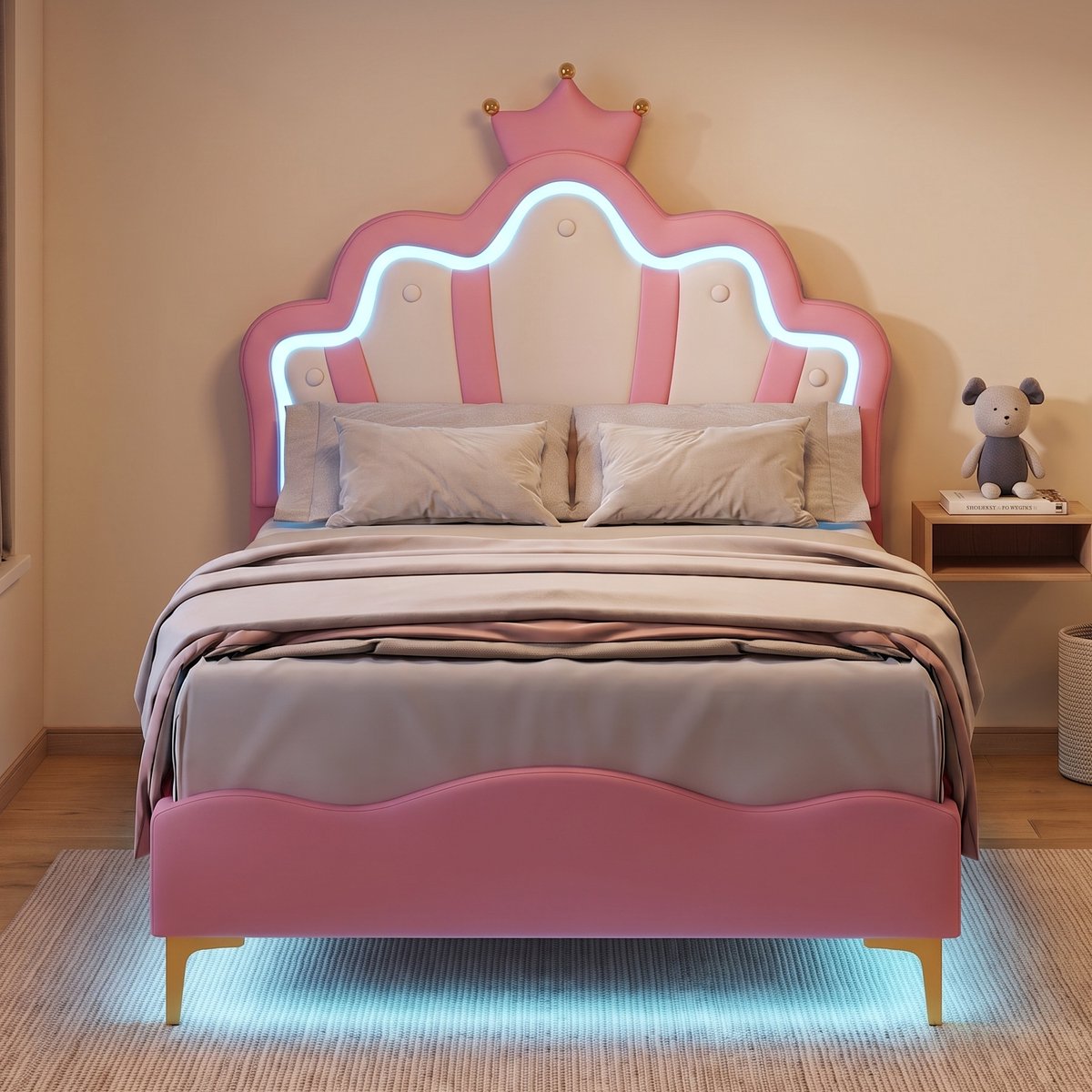 Gestoffeerd Eenpersoonsbed 90x200 cm - Kinderbed met LED en Kroon Hoofdbord - Lattenbodem - Kunstleer - Roze