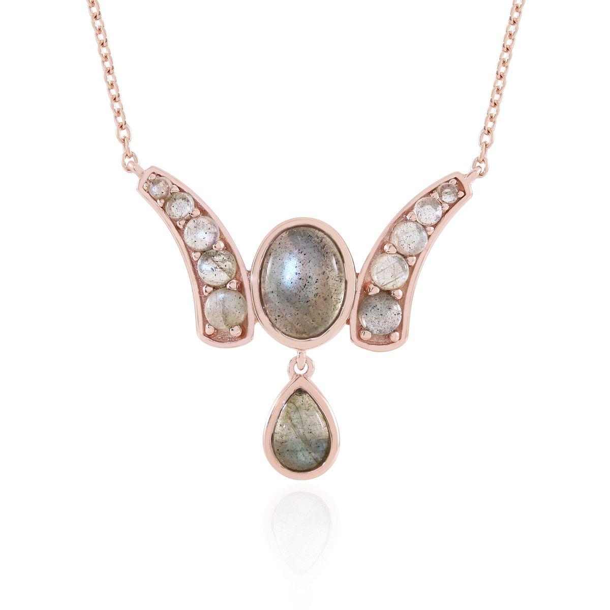 Cavill - Zilveren Halsketting - 925 Sterling Zilver Roségoud Verguld - 2,43 ct Groene Minary Labradoriet - Ovale Druppel Cabochon - Elegant