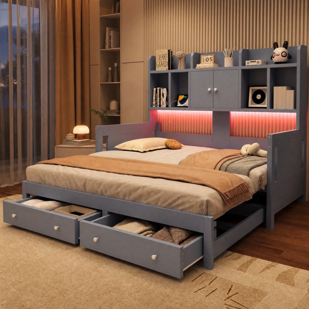 OKWISH Slaapbank 90x190 cm - Uitschuifbaar Tot 180x190 cm Met Stopcontact en LED Verlichting - Met Lades en Opbergruimte - Zonder Matras - Hout - Grijs