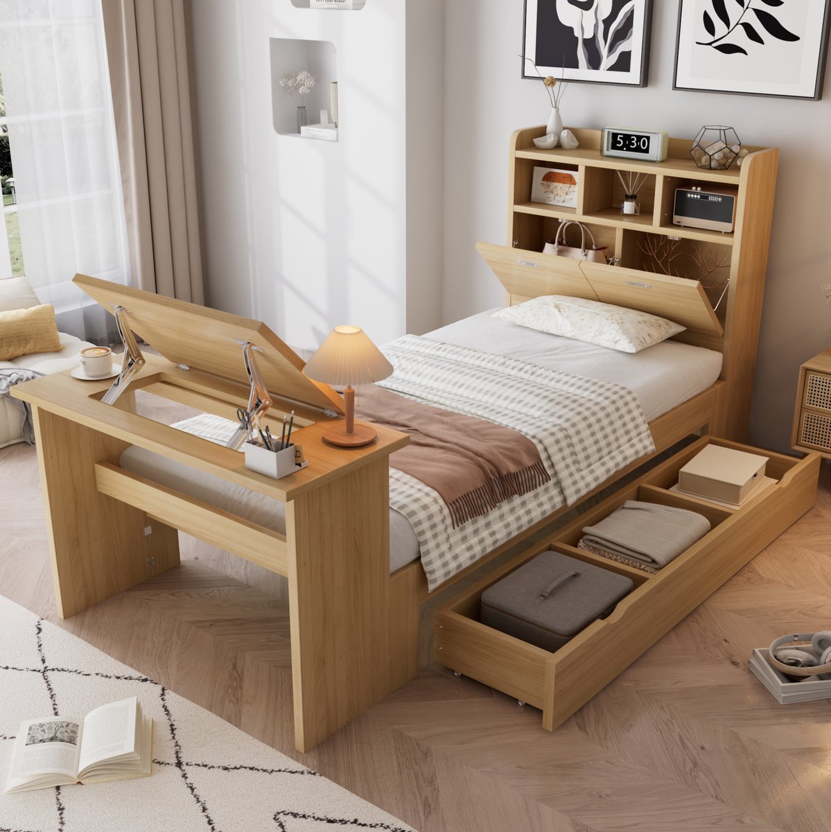 OKWISH Bed 90x200 cm - Met Opbergruimte en Verstelbare Klaptafel - Hoofdbord met Opbergvak - Zonder Matras - Hout - Naturel