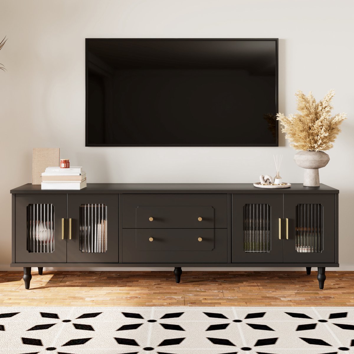 COVREO TV meubel 175 x 38 x 55,5 cm - zwart, glazen deuren, lades en gouden grepen
