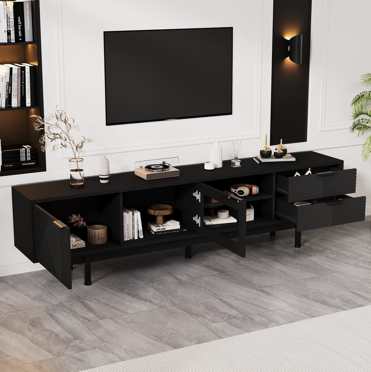 COVREO TV meubel 200 x 40 x 50,5 cm - 2 deuren, 2 lades, halfopen vakken, zwart