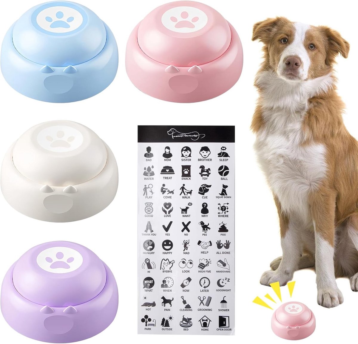 Interactieve Hondenknoppen voor Communicatie: 4 Stuks Buzzer met Opnamefunctie, Dog Training Tools, Spreekknoppen voor Honden met Stickers voor Betere Interactie