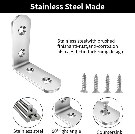 L-vormige hoekbeugels van roestvrij staal 50 x 50 mm met schroeven voor meubels, tafels en kasten, set van 10 — afbeelding 2