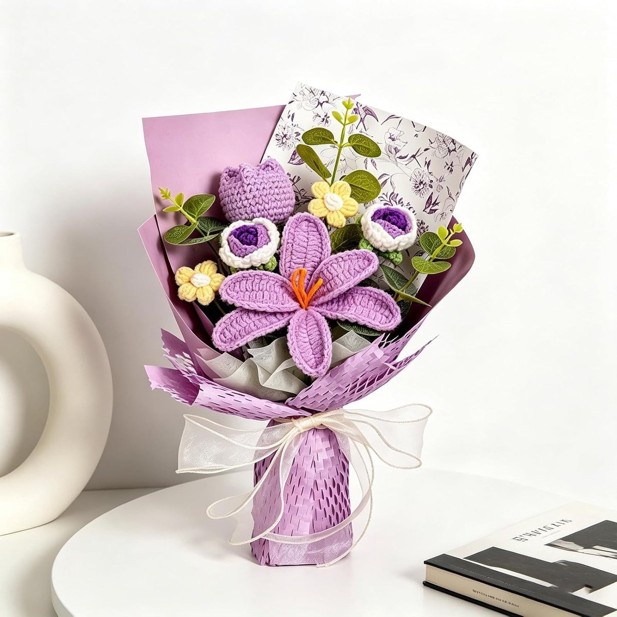 Kunstmatige Tulpen Bloemboeket, Haakbloemen voor Moederdag, Verjaardag, Bruiloft en Cadeaus voor Vrienden en Liefhebbers (Paars)