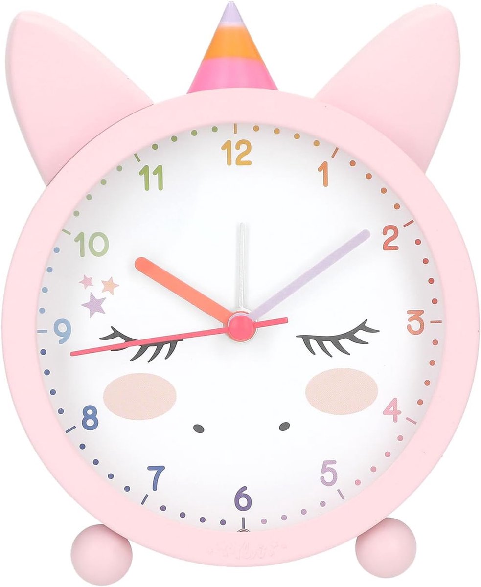 Thijox - Roze Kinder Wekker met Eenhoornmotief, Stille Klok, Lichtfunctie, Analoge Wekker voor Meisjes, Perfect voor Bedtijd en Speelkamer