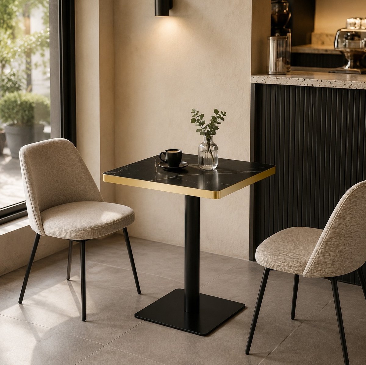 OKWISH Eettafel - Vierkant Met Marmerlook En Gouden Rand - Voor Eethoek, Bistro Of Cafe - MDF En Metaal Zwart - 60 x 60 x 74 cm