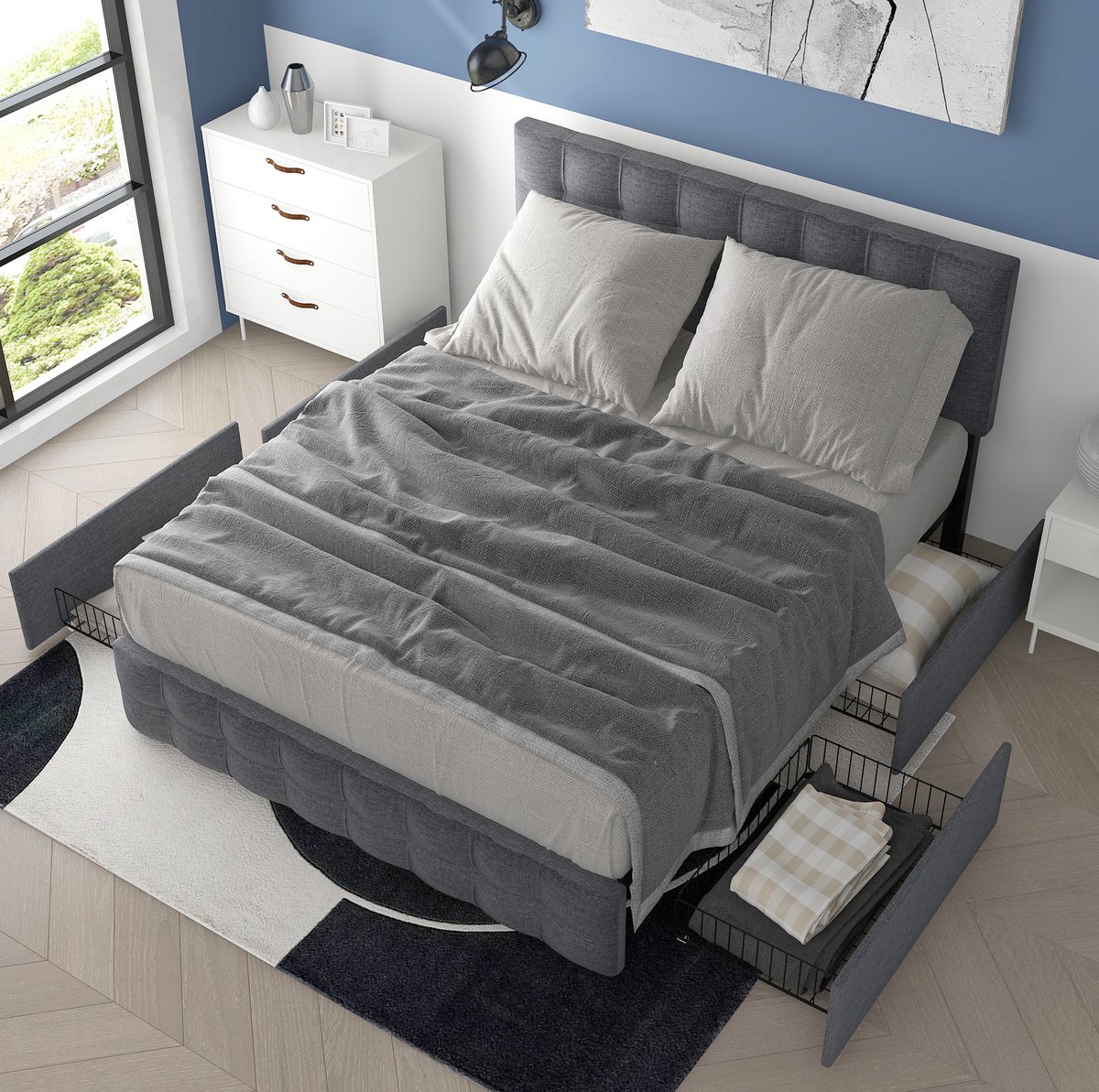 OKWISH Gestoffeerd Bed 140x200 cm - Met 4 Laden en Verstelbaar Hoofdbord - Met Lattenbodem - Tweepersoons - Stof Metaal - Grijs - Met Matras