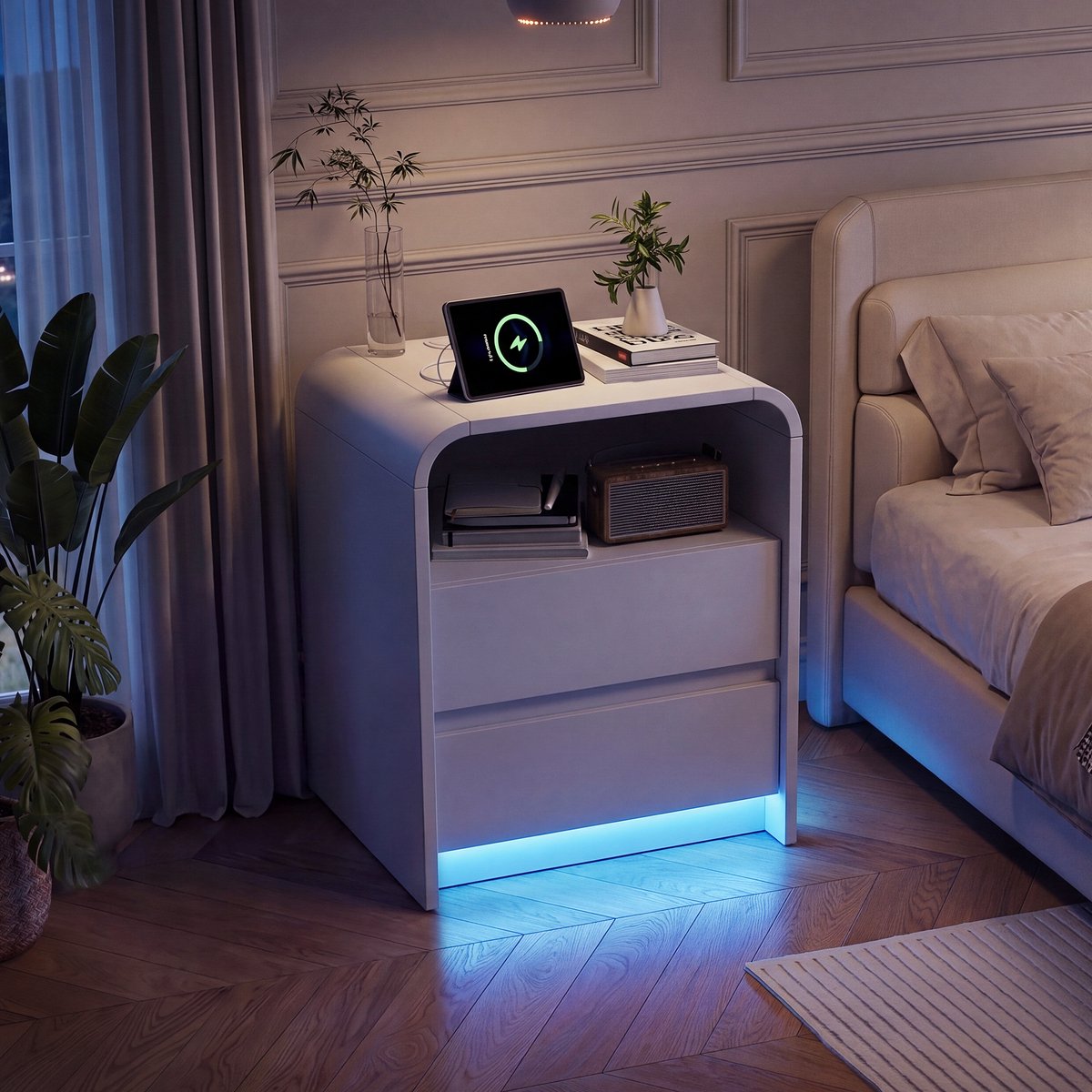 Nachtkastjes Set van 2 Wit met RGB-Verlichting, Stopcontact en 2 Lades