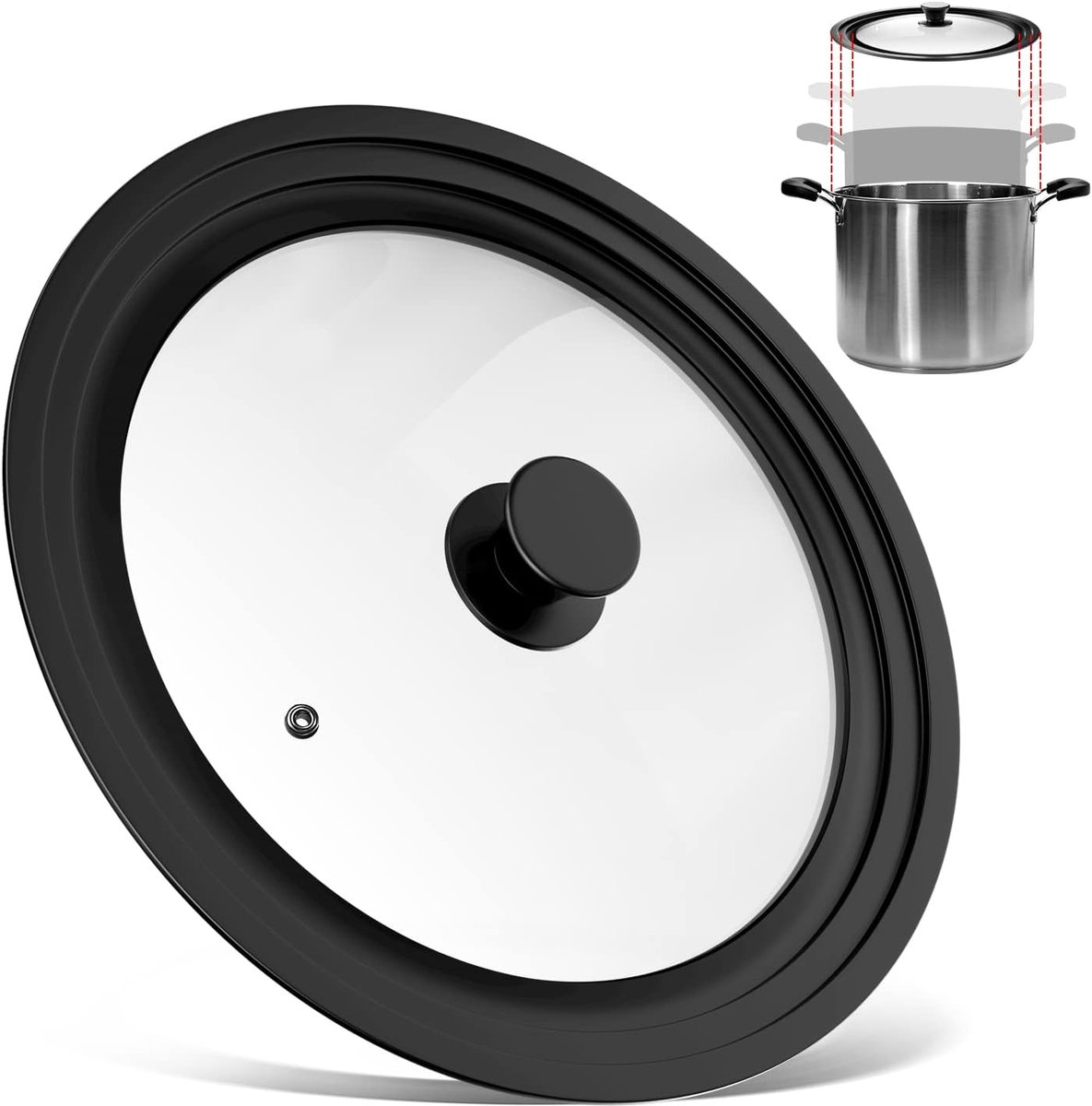 LISM-Universeel deksel Geschikt voor pannen, zwart, van hittebestendig glas, verkrijgbaar in 3 maten, met siliconen rand en stoomopening. Geschikt voor pannen en kommen met een diameter van 24/26/28 cm.