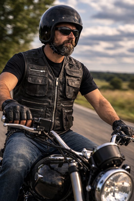 Motorrijder met baard en zwarte helm op een motorfiets, gekleed in een zwart leren vest met ritsen.