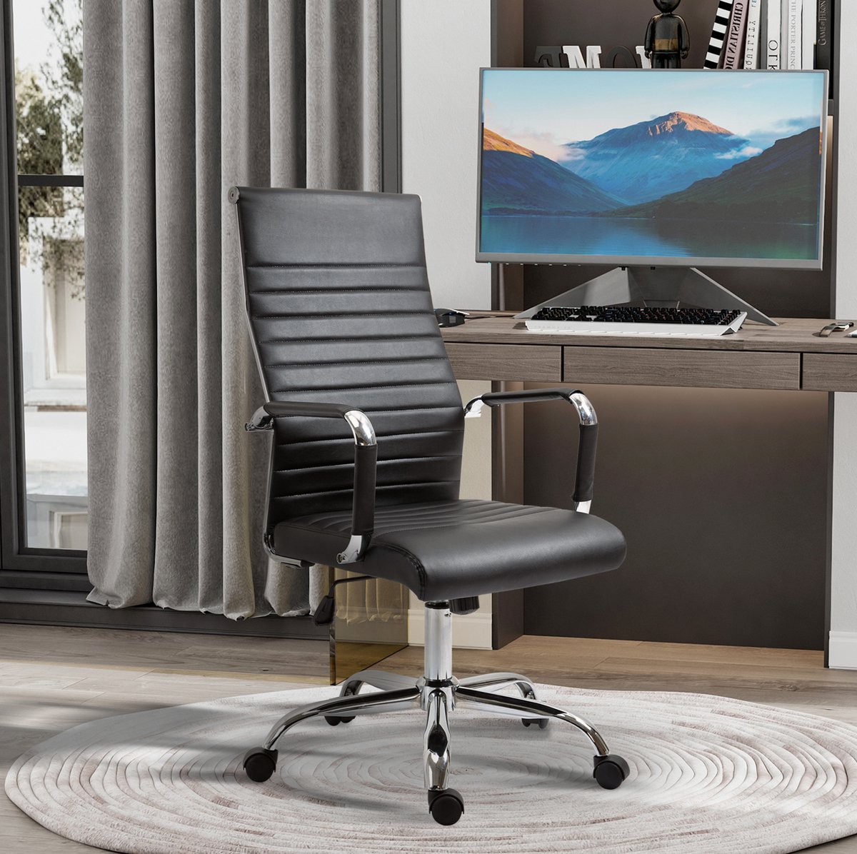 REDOM - Bureaustoel - Ergonomische rugleuning - Wippfunctie en hoogteverstelbaar - Met vaste armleuningen en wielen - Moderne stijl - Kunstleer - Zwart - 54 x 62 x 114 cm