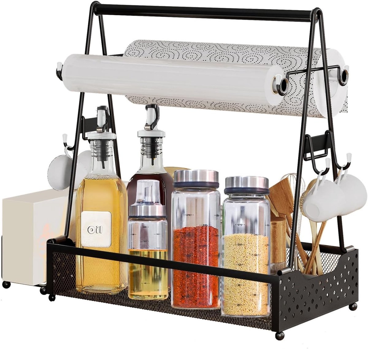 Grill caddy voor kamperen en picknicks, roestvrijstalen accessoires, organiser met 4 haken, kruidenrek en bekerhouder voor buitengebruik