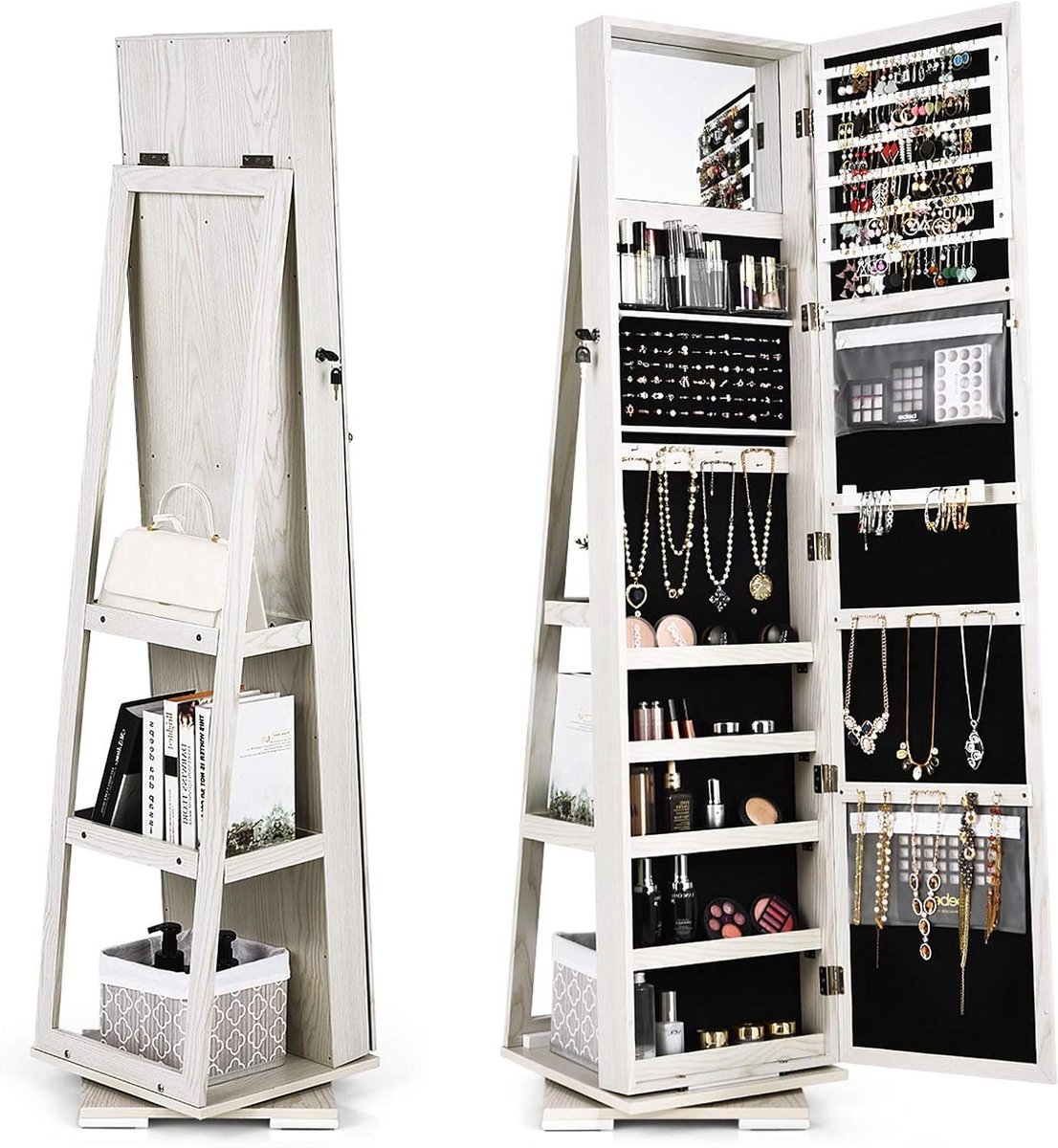 Sieradenkast met Spiegel - Staande Organizer - Sieraden Opbergen - 360 Graden Draaibaar - 161 cm Hoog - Wit