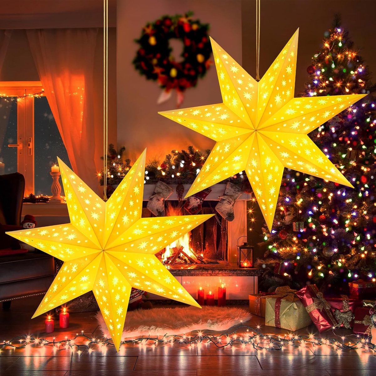 3D Poinsettia Hangende Ster van Papier met LED Verlichting - Vouwbare Decoratie voor Ramen en Feestelijke Verlichting