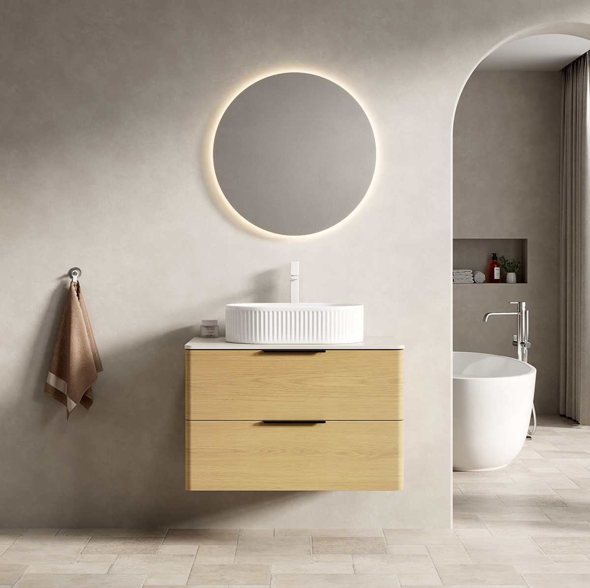 STILVORA Badkamerkast - Zwevend Wastafelmeubel Met 2 Lades En Ovale Wastafel - Voor Badkamer - Hout;Keramiek;Sintersteen - 75x46x62,2 Cm