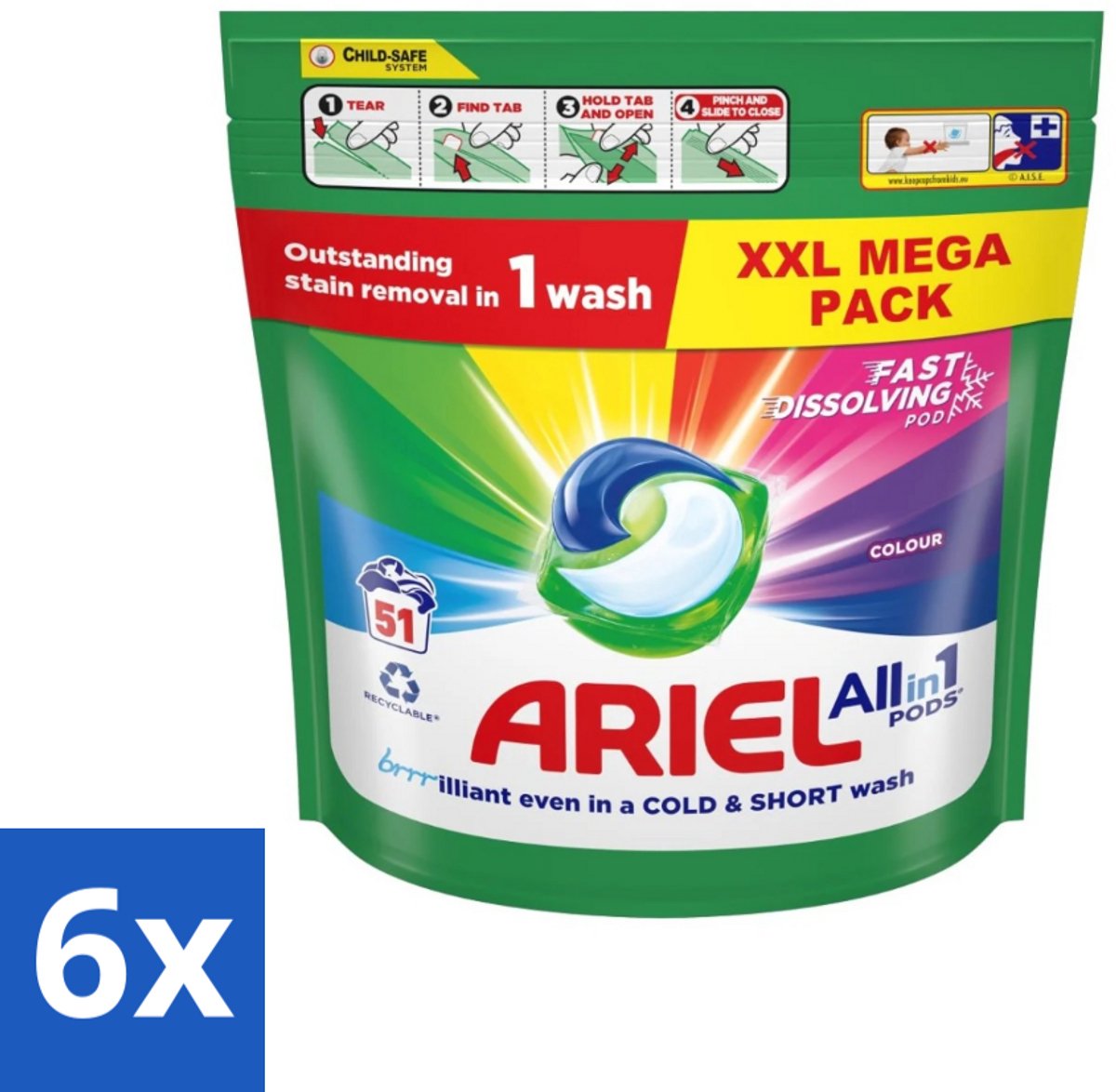 6 x Ariel Color - Wasmiddelcapsules - All-in-1 Pods - Gekleurde Was - 51 Wasbeurten - Wasmiddel Capsules - Kleurwas - Ariel Color - Wasmiddel Pods - Vlekkenverwijderaar