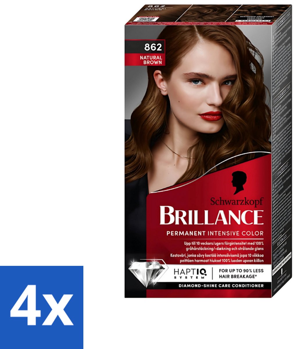 4 x Schwarzkopf Vital - Haarverf - Brillance - 862 Natuurlijk bruin - 60 ml - Haarverf - Permanente Haarkleuring - Bruin Haar - Grijsdekking - Glans