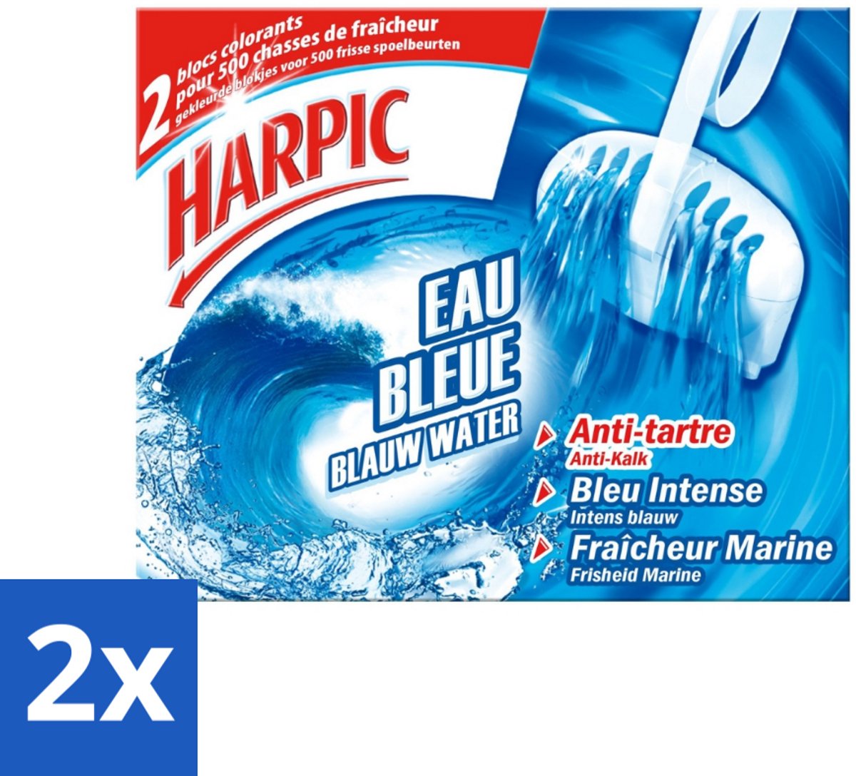 2 x Harpic - Ontstopper & Reiniger - Blauw Water Blok - 500 Spoelbeurten - 2 Blokjes - Toilet Schoonmaken - Toiletblok - Kalk Verwijderen - Toilet Reiniger - Frisse Geur