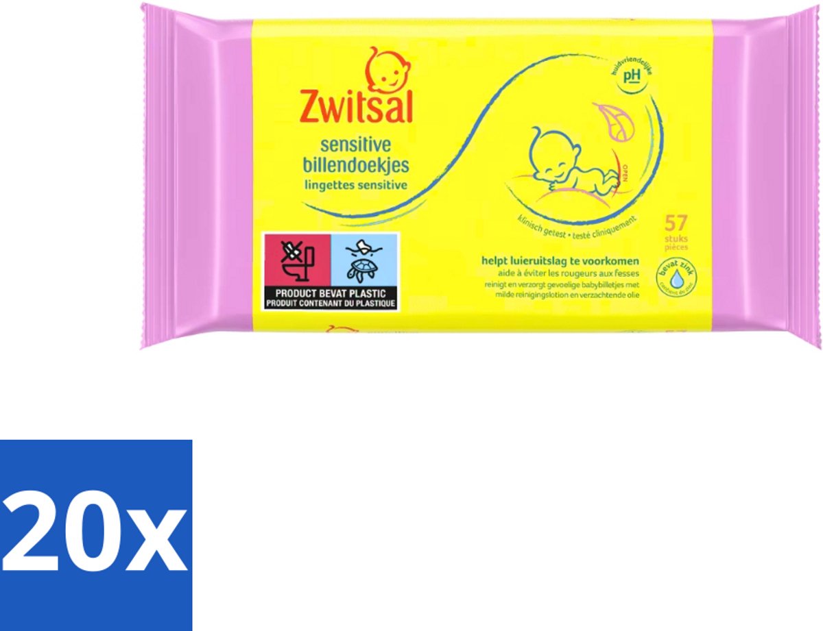 Zwitsal - Babyverzorging - Billendoekjes Sensitive - Voor de Gevoelige Babyhuid - 57 Doekjes - Bulkverpakking - 20 stuks