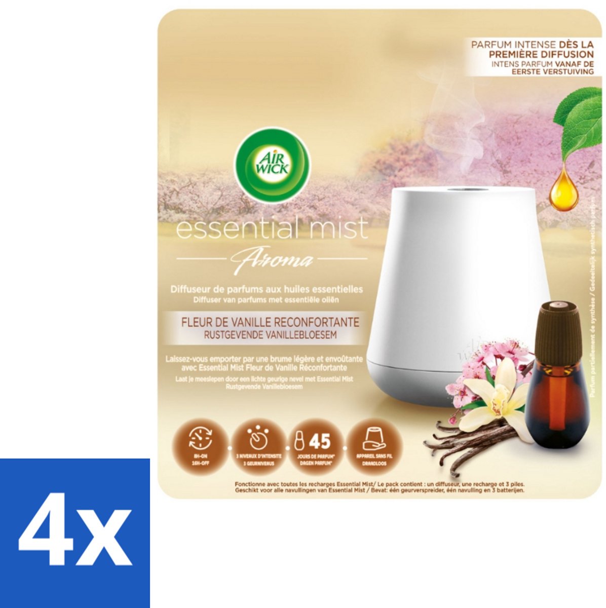 4 x Air Wick Essential Mist - Elektrische Geurverspreider - Starterkit - Rustgevende Vanillebloesem - 20ml - Elektrische Geurverspreider - Geurverspreider - Essentiële Oliën - Vanillebloesem - Rustgevende Geur