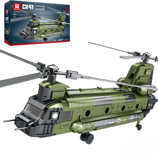 Groene CH-47 helikopter bouwset met dubbele rotors en 'ARMY' opschrift.