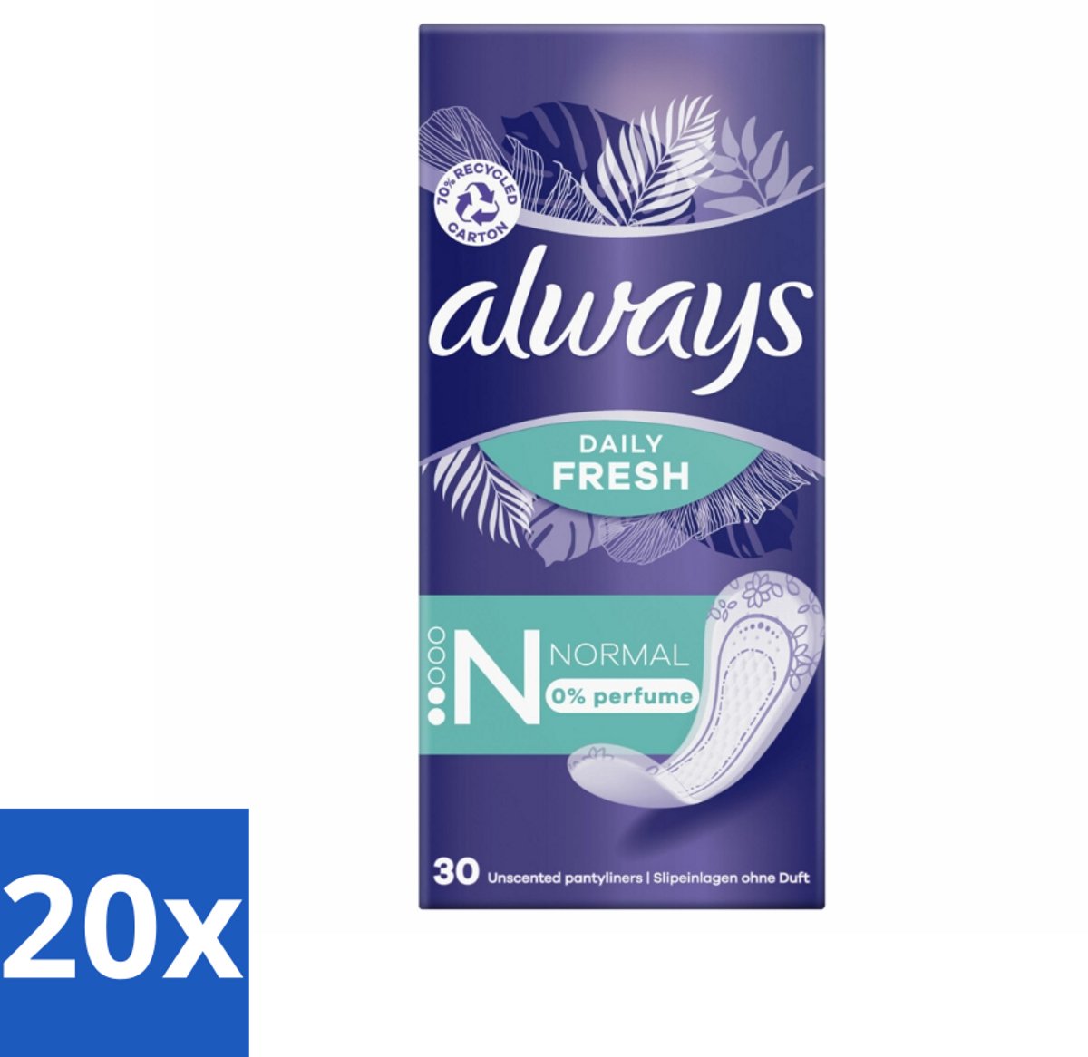 Always Daily Fresh - Inlegkruisjes - Normaal - Ongeparfumeerd - 30 Inlegkruisjes - Bulkverpakking - 20 stuks