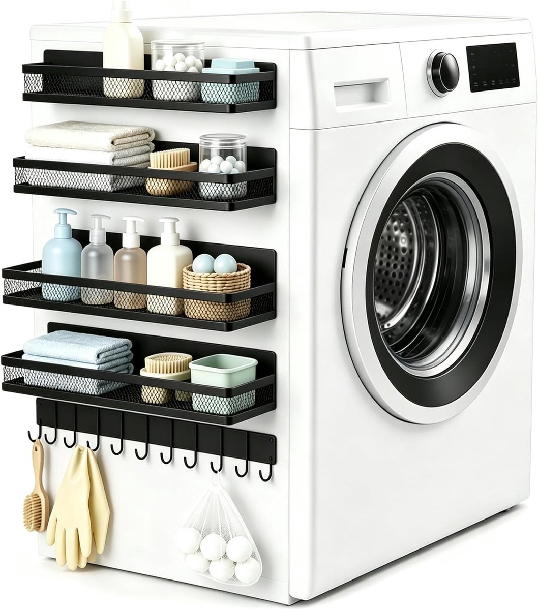 5-delige set magnetische rek voor wasmachine met 4 manden en haakstrip voor optimale organisatie