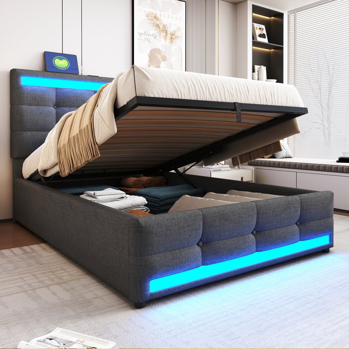 Gestoffeerd opbergbed met LED en USB - 90x200 cm - Grijs linnen - Hydraulisch liftsysteem - App-gestuurde RGB-sfeerverlichting - Verstelbaar hoofdeinde