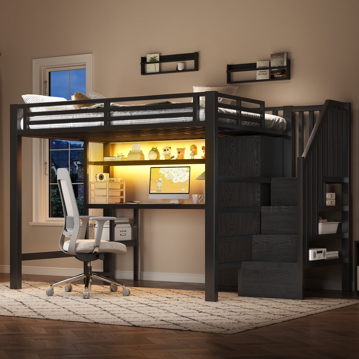 Metalen hoogslaper 140x200 cm - compleet met bureau, kledingkast en opbergtrap - zwart - LED-verlichting via app - ruime kast en legplanken - stevig stalen frame met 21 latten