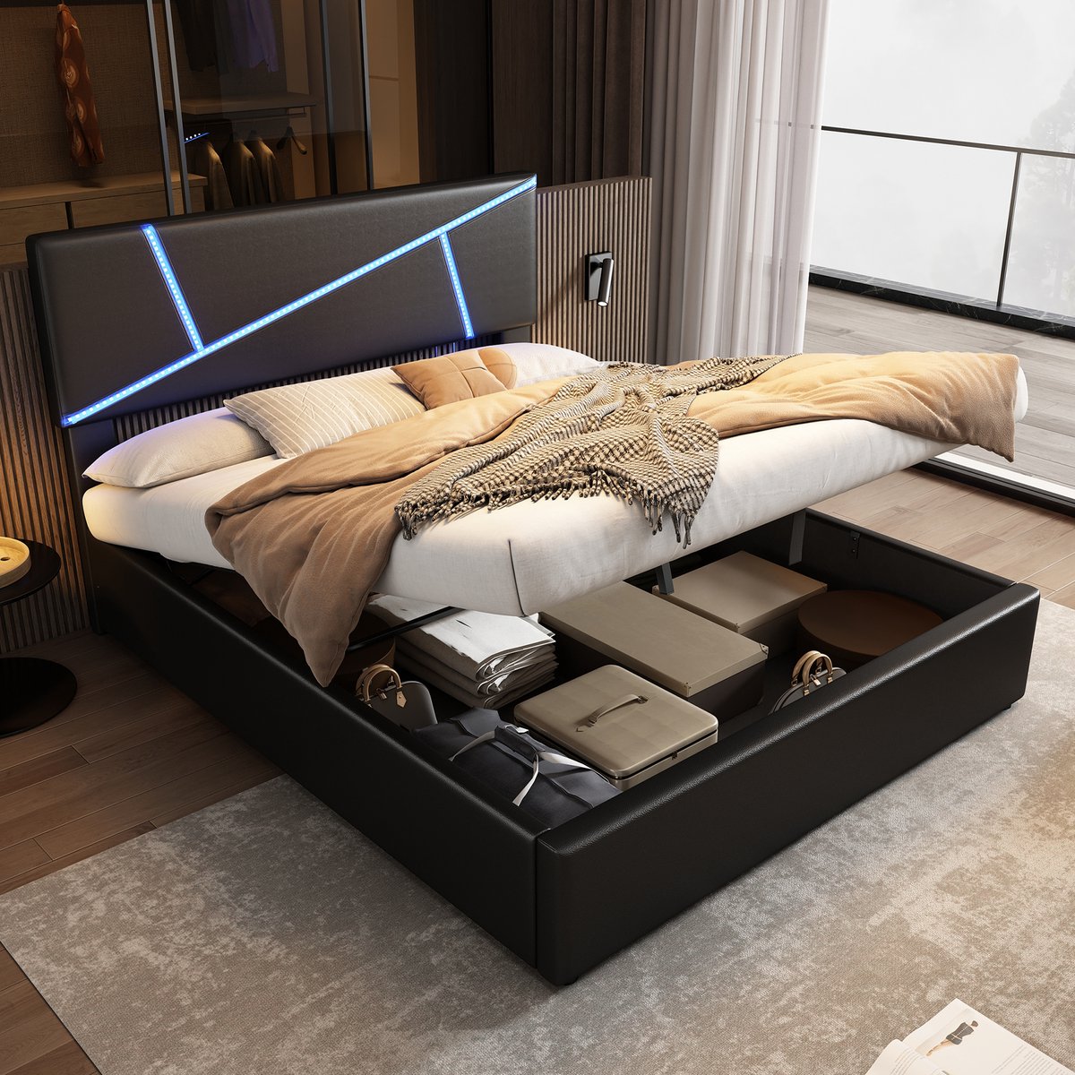 Gestoffeerd bed 140x200 cm - met LED-sfeerverlichting, app-bediening en hydraulische opbergruimte - tweepersoons - zwart PU-leder - stevige constructie tot 300 kg