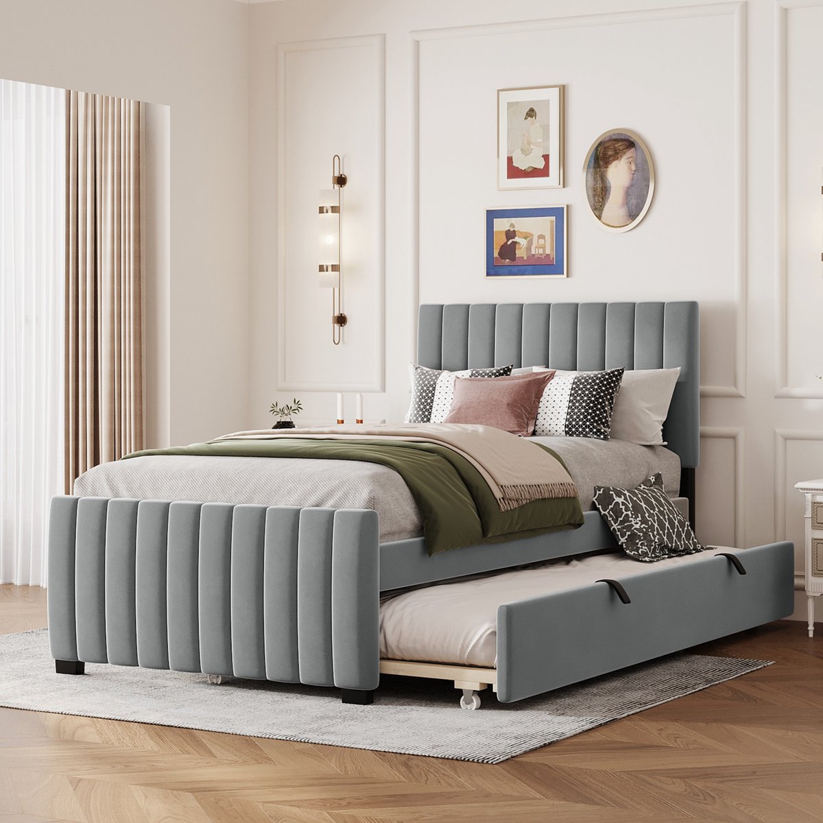 Gestoffeerd kinderbed met uitschuifbed - 90x190 cm - Grijs fluweel - Inclusief uitschuifbed van 190x90 cm - Klassiek verticaal stikdesign - Stevig frame met 24-delige lattenbodem