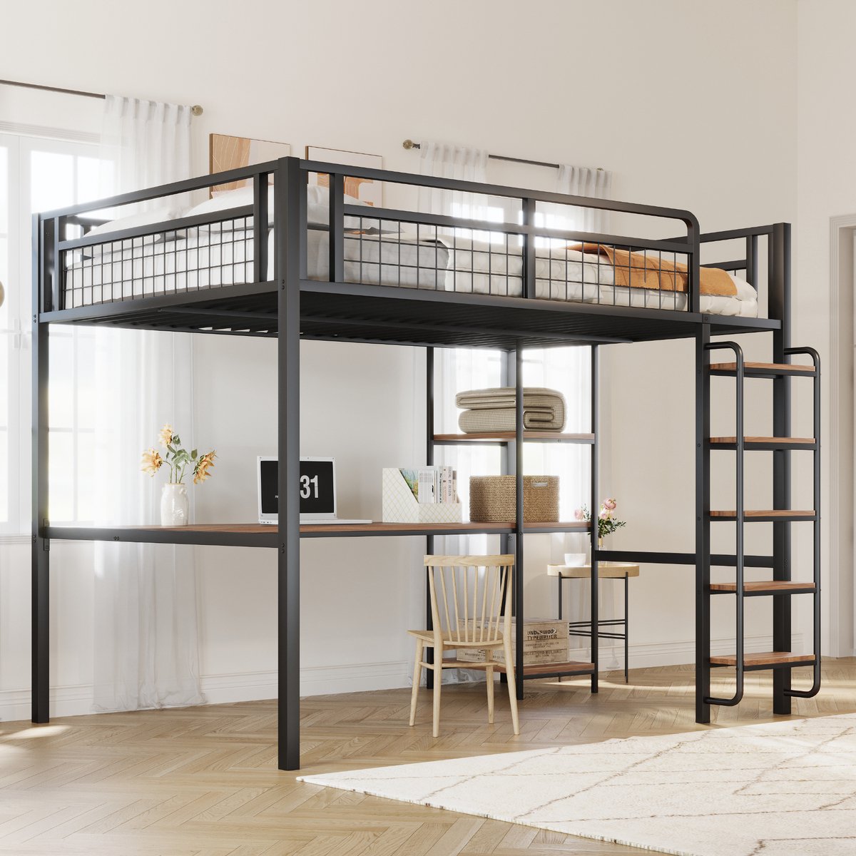 Metalen hoogbed 140x200 cm - Multifunctioneel slaap- werk- en opbergmeubel - Zwart - Veiligheidsladder met brede antislip treden - Bureau en legplanken - Metalen gaashek veiligheidsrek