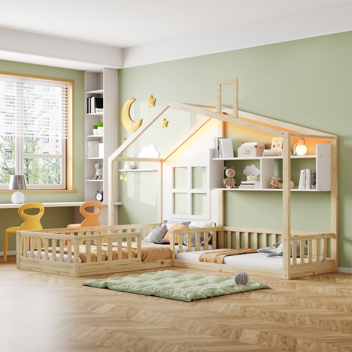 Kinderhuisbed met LED en opbergplanken - 90x200 cm (ook geschikt voor 140x70 cm matras) - Houtkleur - Speels raam- en schoorsteenontwerp - Veiligheidsrek rondom - Inclusief lattenbodem