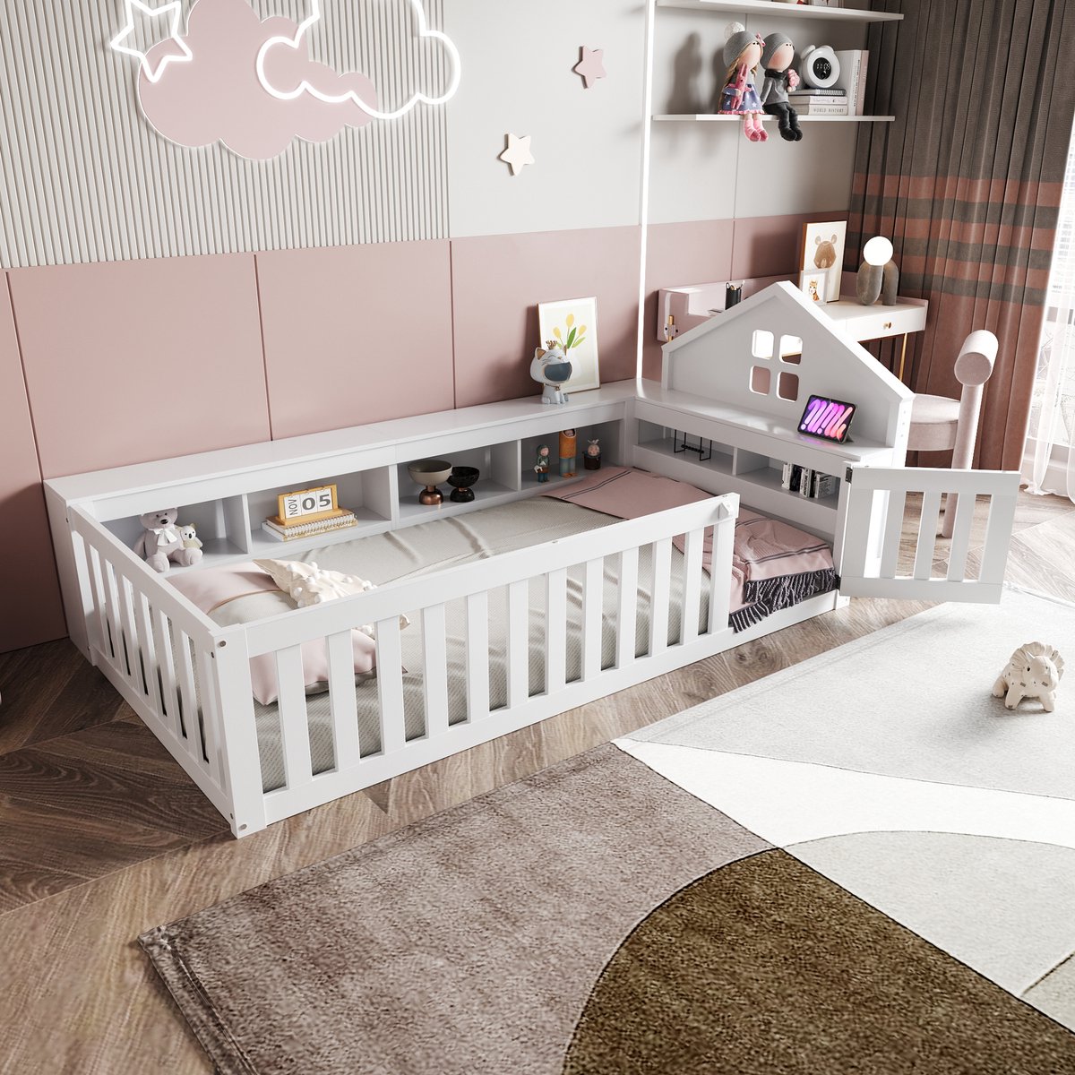 Kinder vloerbed 90x200 cm - met dakraam, opbergvakken aan hoofd- en zijpaneel en afsluitbare veiligheidsdeur - wit - massief grenen en MDF - lattenbodem inbegrepen - rondom veiligheidshekken