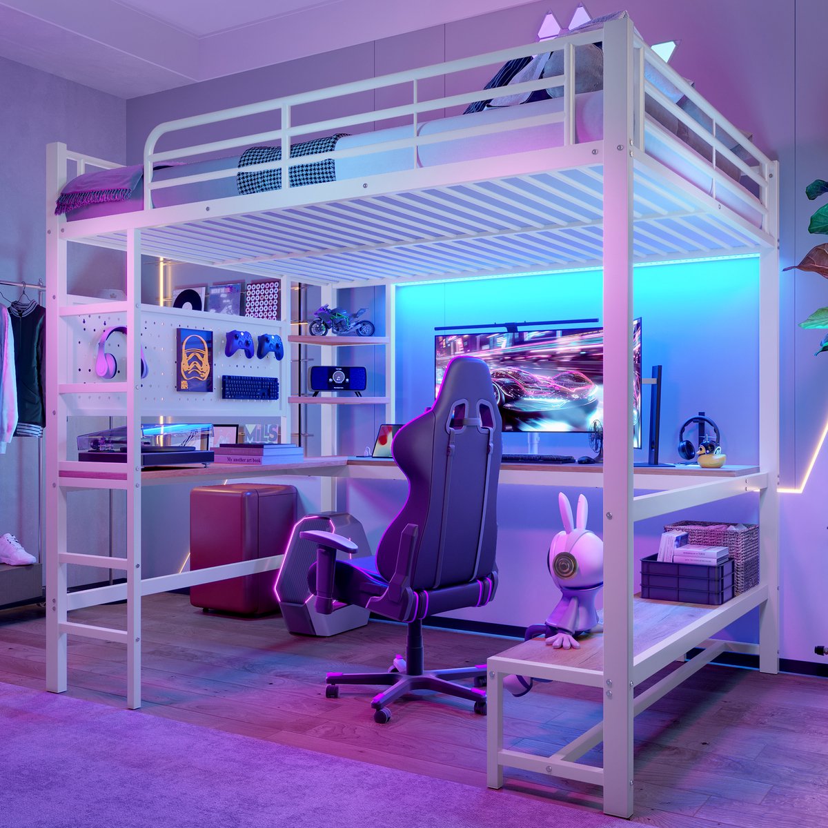 Hoogslaper met bureau, USB-C en LED - multifunctioneel voor tienerkamer - 140x200 cm - wit - stalen frame met perforatiewand en legplanken - inclusief lattenbodem