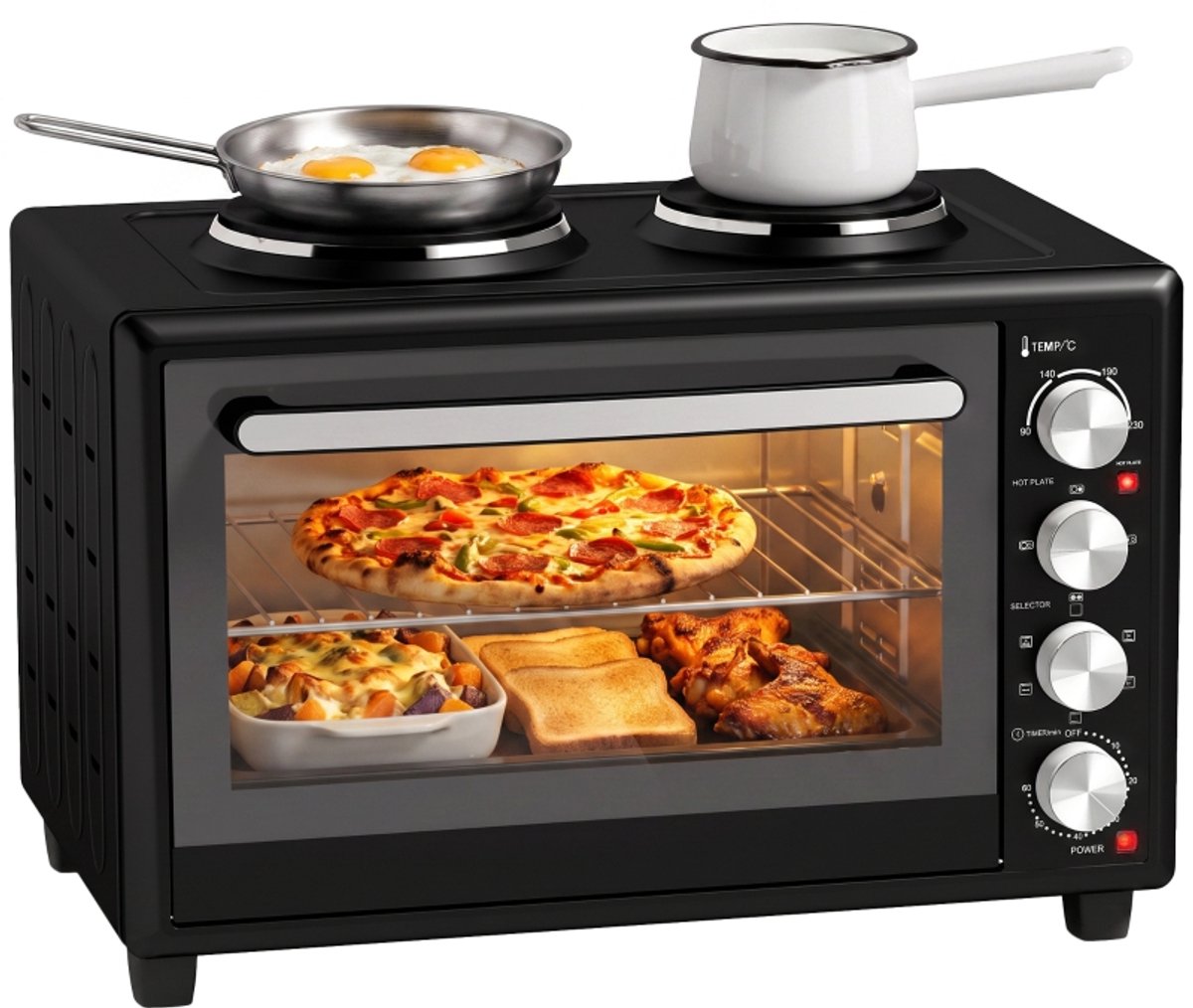Mini-oven - Oven - Multifunctionele heteluchtoven - Keukengerei - Met 2 bakplaten en draairek - 58,1 x 40 x 39,5 cm - Geschikt voor bakken, braden en koken - Zwart