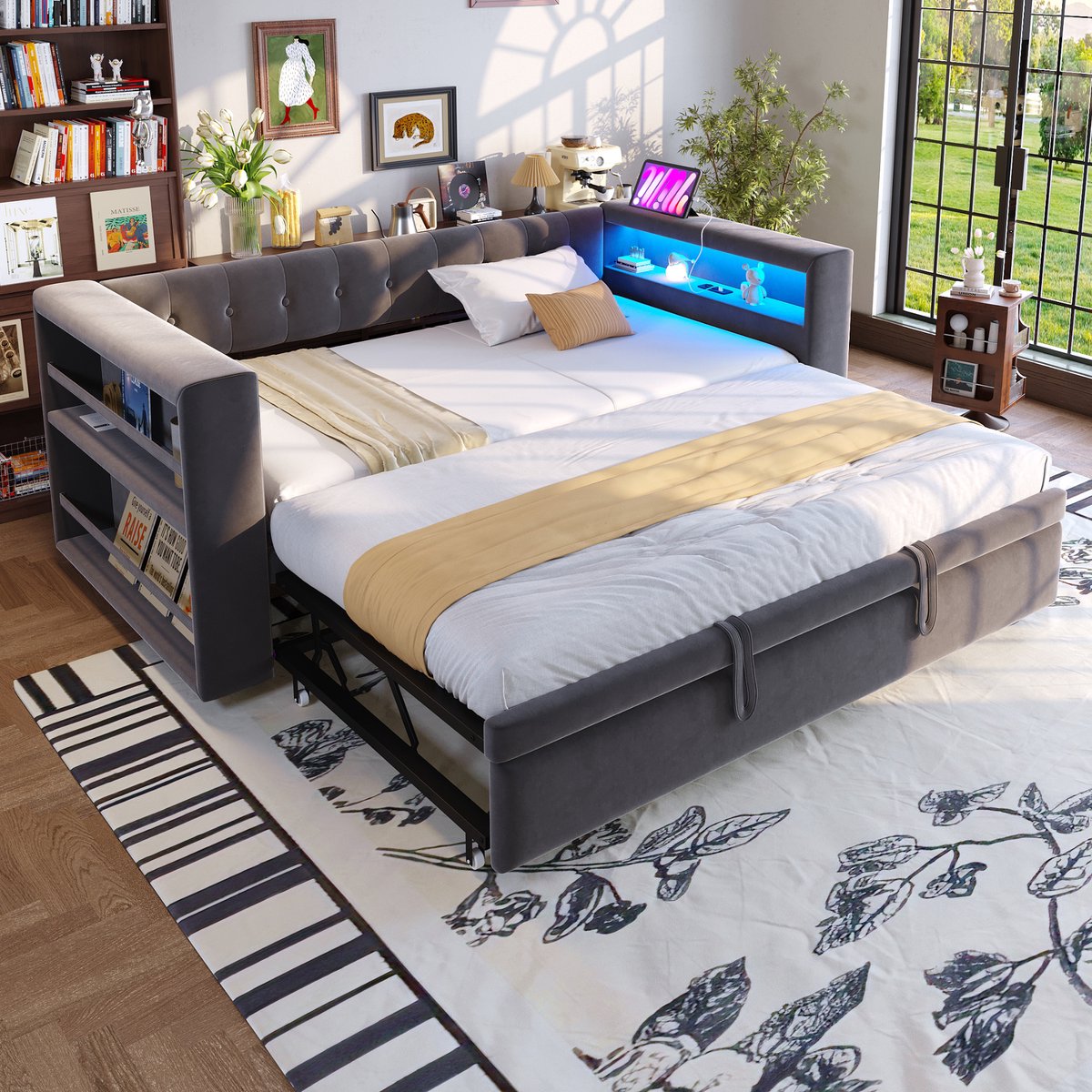 Gestoffeerd slaapbank met uitschuifbed - compact en veelzijdig - 90/180x190 cm - donkergrijs - LED-verlichting en stopcontacten - opbergvakken in armleuningen - inclusief lattenbodem